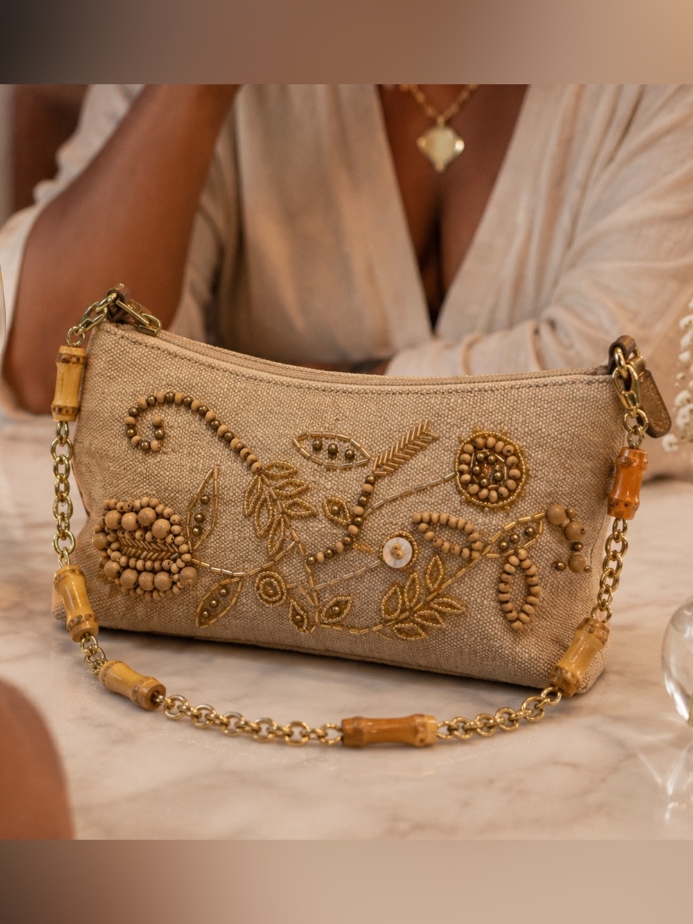 Talbot’s Beaded Linen Bamboo Chain Shoulder Bag Floral Boho Jute/Linen Blend